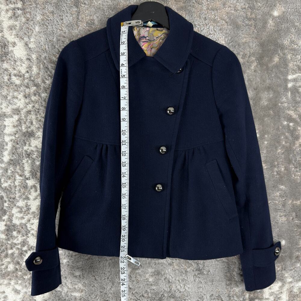LeifNotes Size 0 Stretch Outdoor Button Pea Coat Navy Long Sleeve Lined Collar - Picture 2 of 9